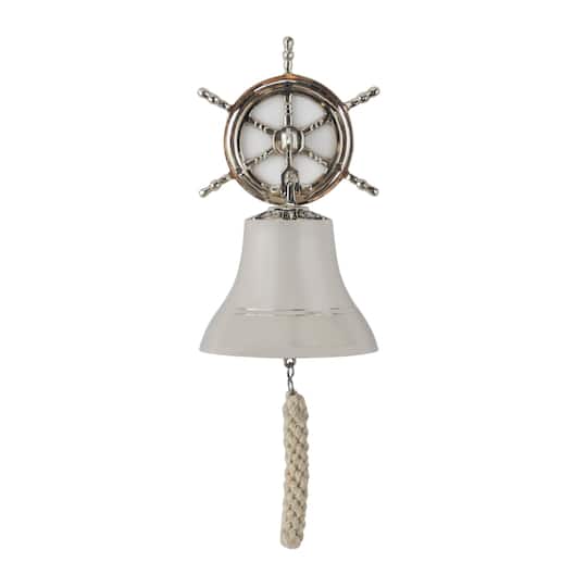 Silver Brass Indoor Outdoor Bell Wall Decor with Ship wheel Backing 7" x 9" x 6"